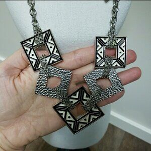 Retro geometric black white silver diamond shape necklace & earrings